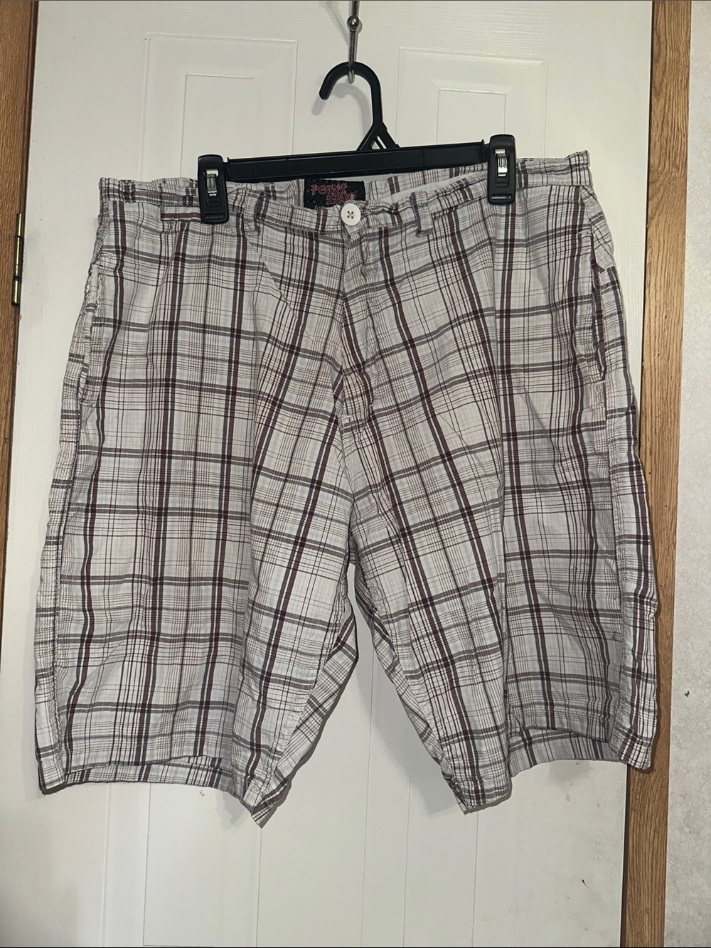 Men's Plaid Cotton Blend Shorts - White with Brown Check